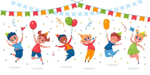 cartoon image of children jumping up and down with balloons