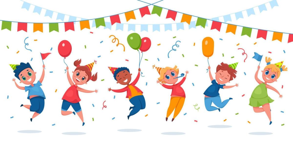 cartoon image of children jumping up and down with balloons